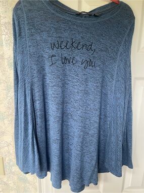 AnyBody Heathered Blue Long Sleeve Top with Red Trim